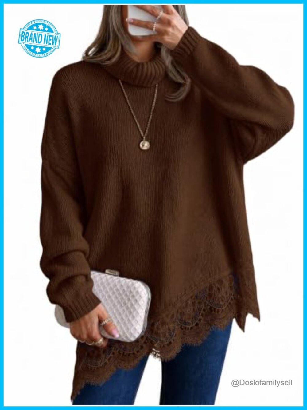 Womens Oversized Turtleneck Sweater Batwing Sleeve Lace Hem Tunic Pullover